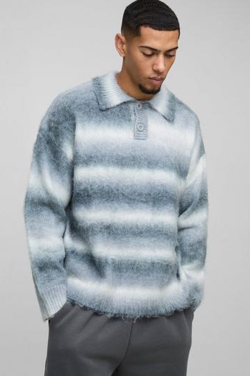 Oversized Brushed Stripe Knitted Rugby Polo grey