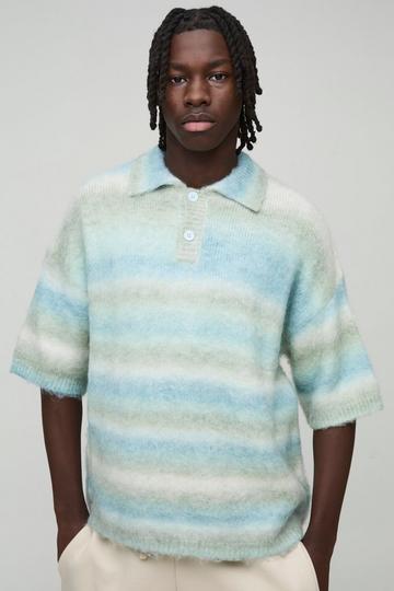 Oversized Brushed Stripe Short Sleeve Knitted Polo green