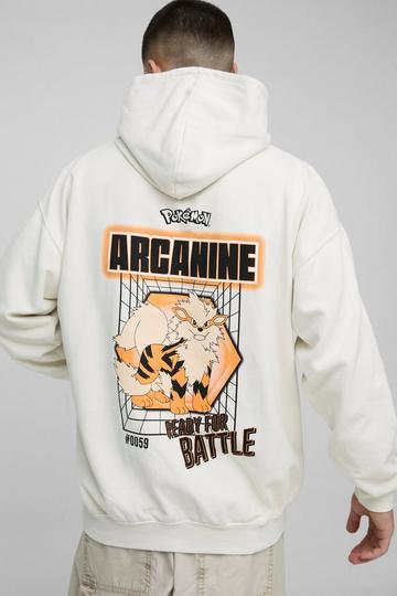 Ecru White Oversized Pokemon Arcanine License Wash Print Hoodie