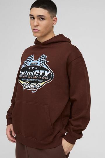 Chocolate Brown Oversized Castrol Racing License Print Hoodie