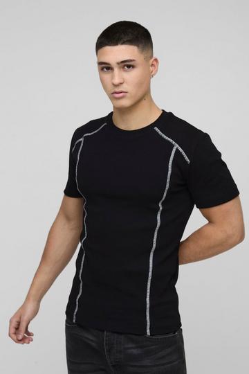 Geribbeld Muscle Fit T-Shirt Met Contrasterende Stiksels black