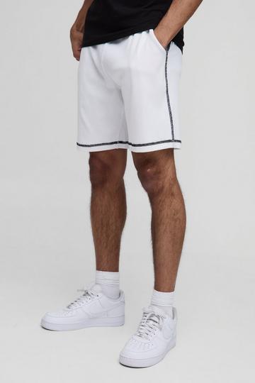 White Relaxed Rib Contrast Stitch Mid Length Short