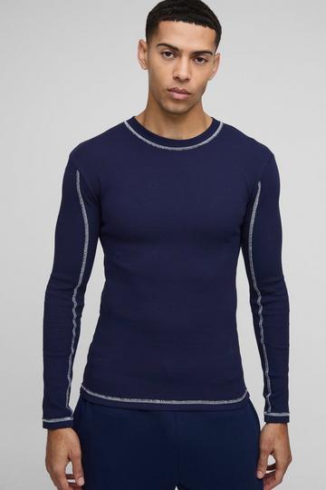 Navy Muscle Contrast Stitch Long Sleeve Rib T-Shirt