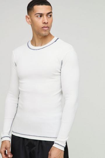 Muscle Contrast Stitch Long Sleeve Rib T-Shirt ecru