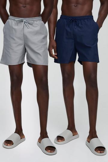 2 Pack Mid Length Swim Shorts in Navy and Grey multi