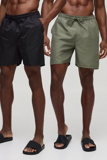 2 Pack Mid Length Swim Shorts in Black and Khaki multi