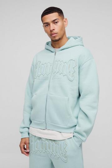 Blue Oversized Homme Applique Zip Through Hoodie