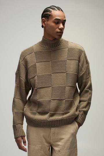 Stone Beige Oversized Check Funnel Neck Knitted Jumper