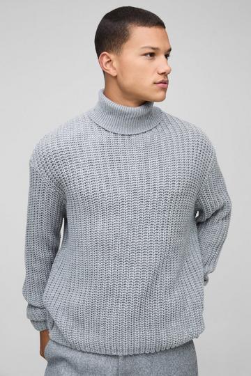 Oversized Boxy Fishman Ribbed Roll Neck Knitted Jumper grey