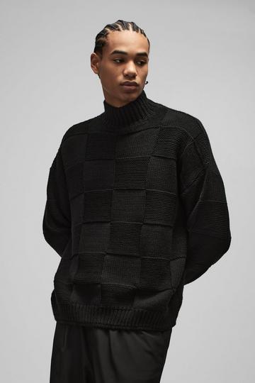 Oversized Check Funnel Neck Knitted Jumper black