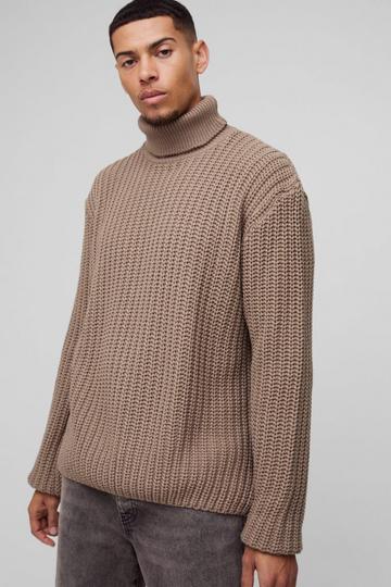 Oversized Boxy Fishman Ribbed Roll Neck Knitted Jumper stone