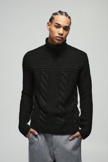 Regular Cable Knit Panel Roll Neck Knitted Jumper black