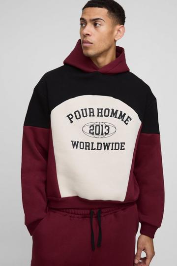 Oversized Boxy Colour Block Pour Homme Hoodie burgundy