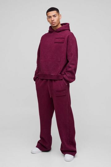 Burgundy Red Oversized Boxy Washed Self Applique Tab Hooded Tracksuit