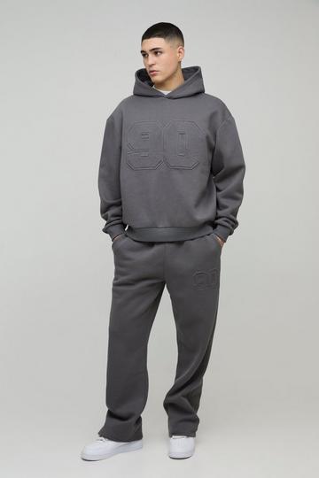 Charcoal Grey Oversized Boxy Varsity Embossed Hooded Tracksuit