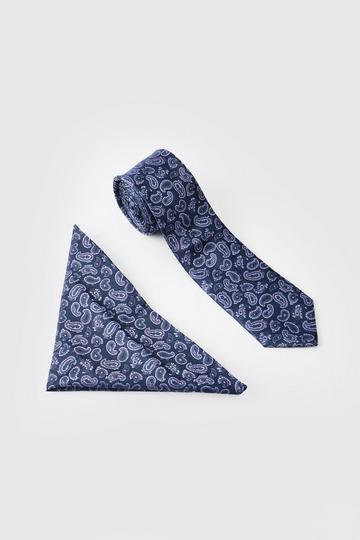 Satijnen Paisley Print Stropdas En Pochet blue