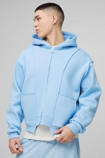 Blue Oversized Boxy Seam Detail Raw Edge Zip Through Hoodie