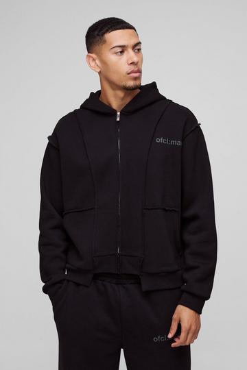 Oversized Boxy Seam Detail Raw Edge Zip Through Hoodie black