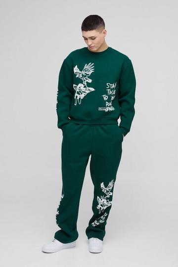 Oversized Boxy Graffiti Slogan Sweatshirt Tracksuit forest