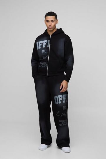 Oversized Boxy Official Crackle Print Spray Wash Wide Leg Tracksuit black
