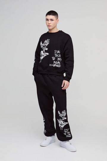 Oversized Boxy Graffiti Slogan Sweatshirt Tracksuit black