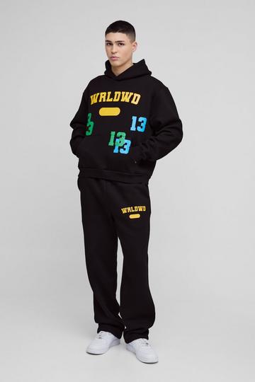 Oversized Geborduurd Boxy Worldwide 13 Varsity Trainingspak black