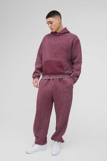 Oversized Boxy Washed Faux Pocket Distressed Tracksuit burgundy