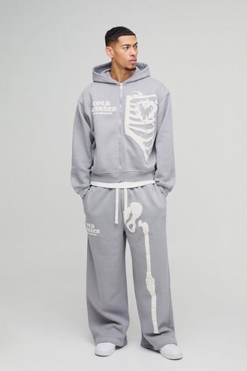 Oversized Boxy Skelet Trainingspak Met Capuchon, Reliëf En Contrasterende Stiksels grey marl