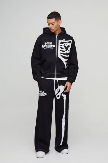 Oversized Boxy Skeleton Puff Print Contrast Stitch Zip Through Hooded Tracksuit black