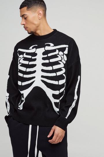 Oversized Drop Shoulder Skeleton Print Knitted Jumper black