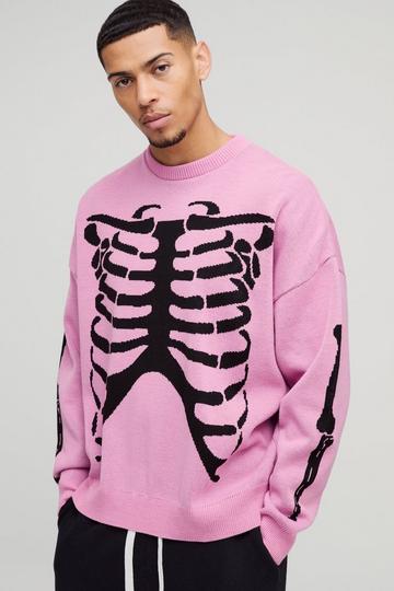 Oversized Drop Shoulder Skeleton Print Knitted Jumper pink