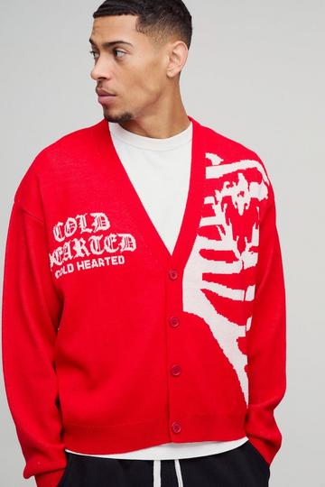 Oversized Boxy Drop Shoulder Spliced Skeleton Printed Knitted Cardigan red