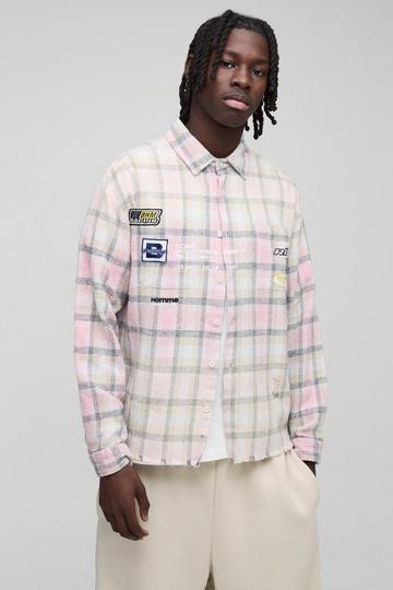 Oversized Flannel Check Badged Collared Shirt pink