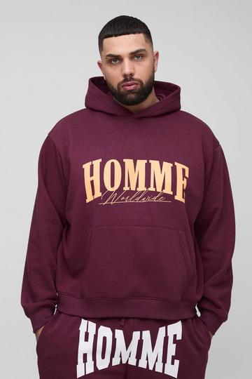 Plus Oversized Boxy Homme Hoodie burgundy