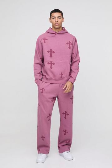 Regular Cross Print Hooded Tracksuit mauve