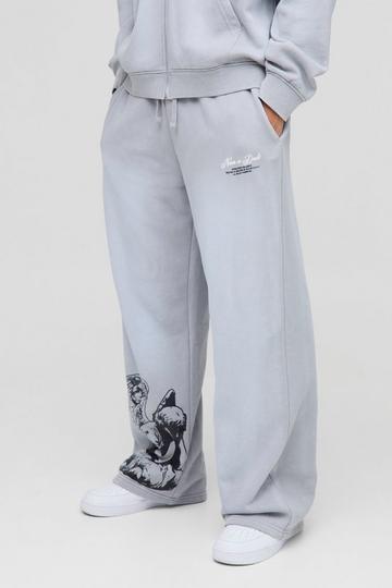 Grey Wide Leg Graphic Washed Joggers