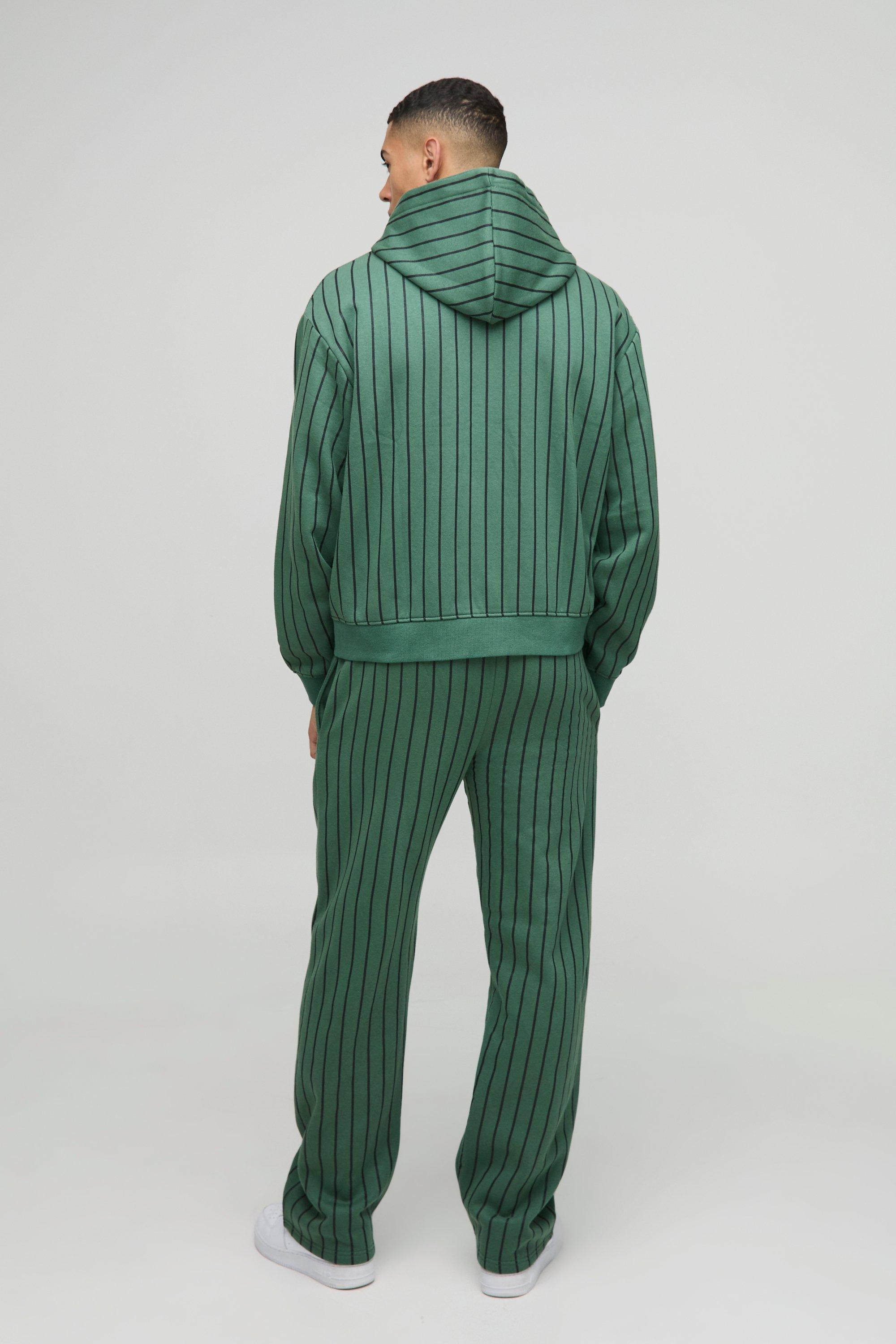 Oversized Boxy Pinstripe Applique Zip Hooded Tracksuit
