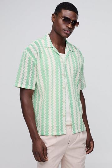 Green Short Sleeve Drop Revere Zig Zag Open Weave Shirt