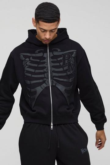 Oversized Skeleton Puff Print Zip Through Hoodie black