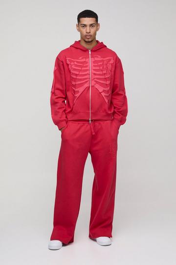 Red Oversized Skeleton Print Zip Through Hooded Tracksuit