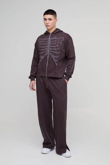 Oversized Skeleton Print Zip Through Hooded Tracksuit brown