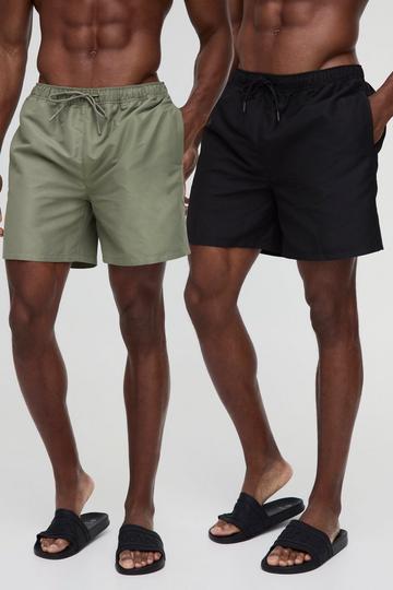 2 Pack Mid Length Swim Shorts in Black and Khaki multi