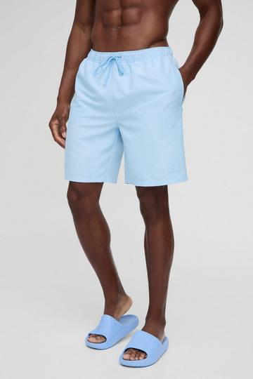 Blue Branded Long Length Swim Short in Light Blue