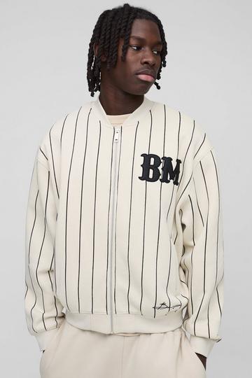 Ecru White Oversized BM Pinstripe Jersey Bomber Jacket