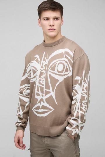 Tall Oversized Boxy Abstract Line Face Knitted Jumper taupe