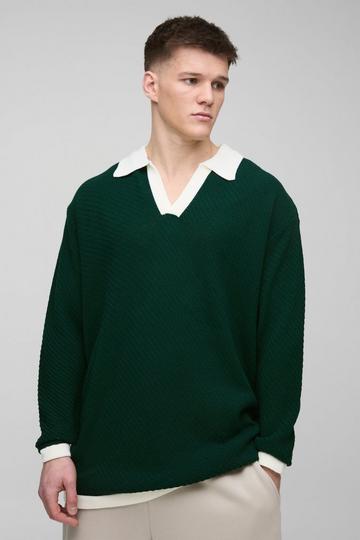 Tall Long Sleeved Oversized Contrast Collar Knitted Polo forest