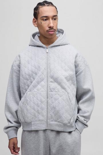 Oversized Boxy Quilted Zip Through Hoodie grey marl