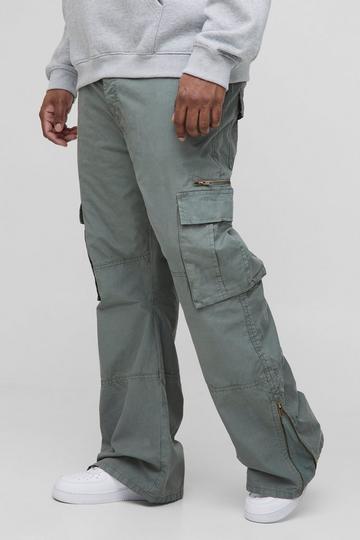 Stone Beige Plus Slim Flare Zip Gusset Overdye Acid Wash Cargo Trouser