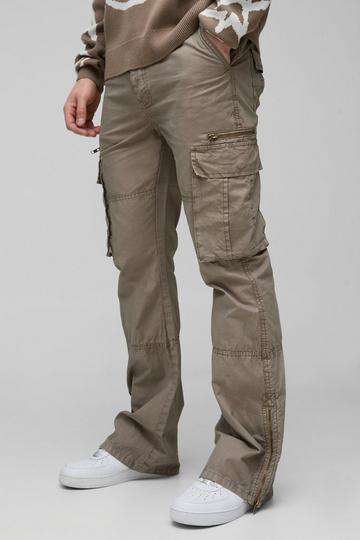 Tall Slim Flare Zip Gusset Overdye Acid Wash Cargo Trouser In Black taupe