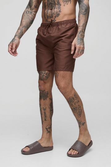 Tall Embroidered Short Length Regular Fit Swim Shorts chocolate